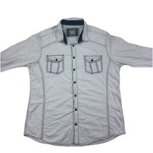 BKE Men Button Up Shirt XL Standard Fit White Black Stitch Bold Black Cuffs
